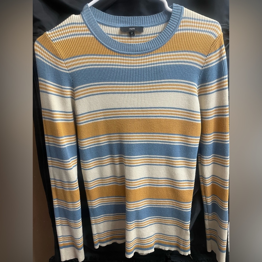 Fate Women's Sweater in Blue, Cream, and Gold Stripes